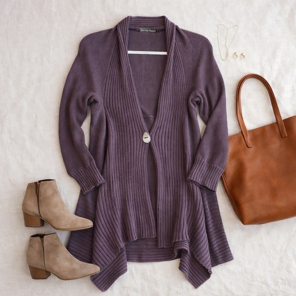 Black Swan Ribbed Waterfall Cardigan Plum Boho Drape Lagenlook L